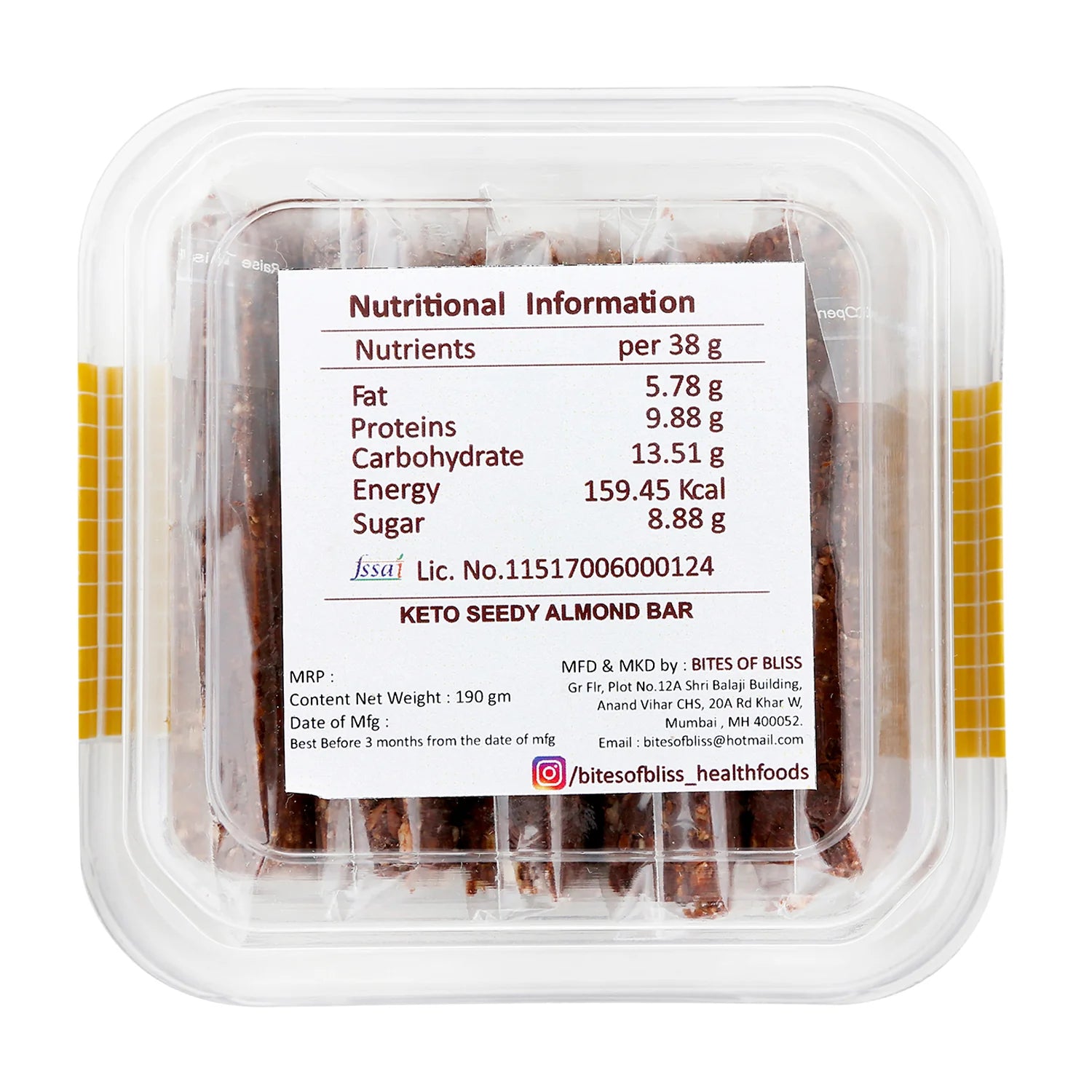 Almond Bar | Keto - Seedy Almond Bar - High In Protein, No Added Preservatives, Additives &amp;amp; No Added Artificial Colors Or Flavours - Bites Of Bliss – 190gm