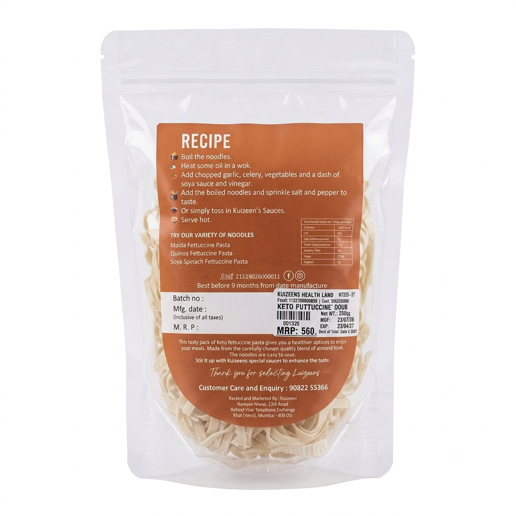 Pasta | Keto Fettuccine Pasta -Protein Rich , High Fibre- No Preservatives, Oil Free – Kuizeens – 220gm