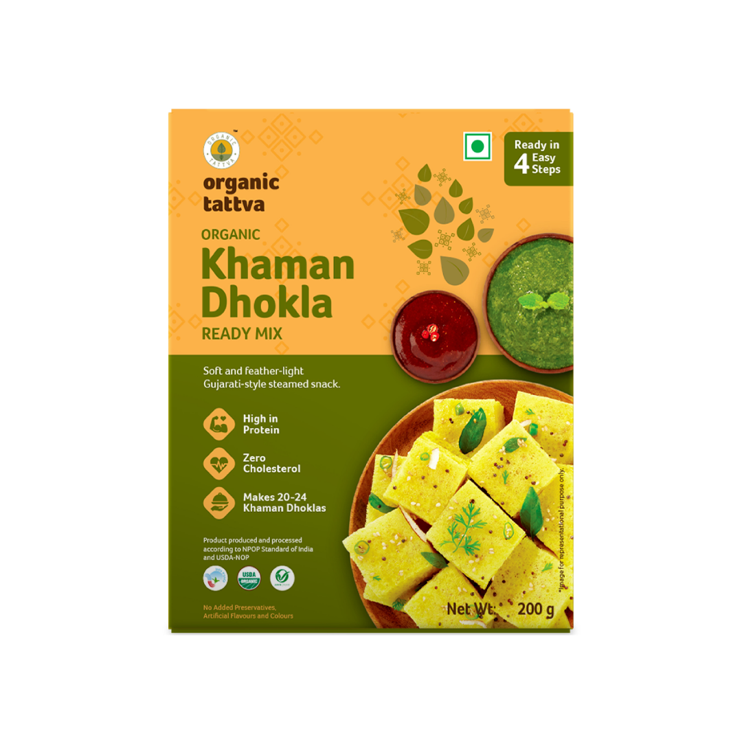 Khaman Dhokla - USDA Organic - Ready Mix - Rich In Protein, Soft & Feather Light Gujrati Style Steamed Snack - Organic Tattva - 200gm