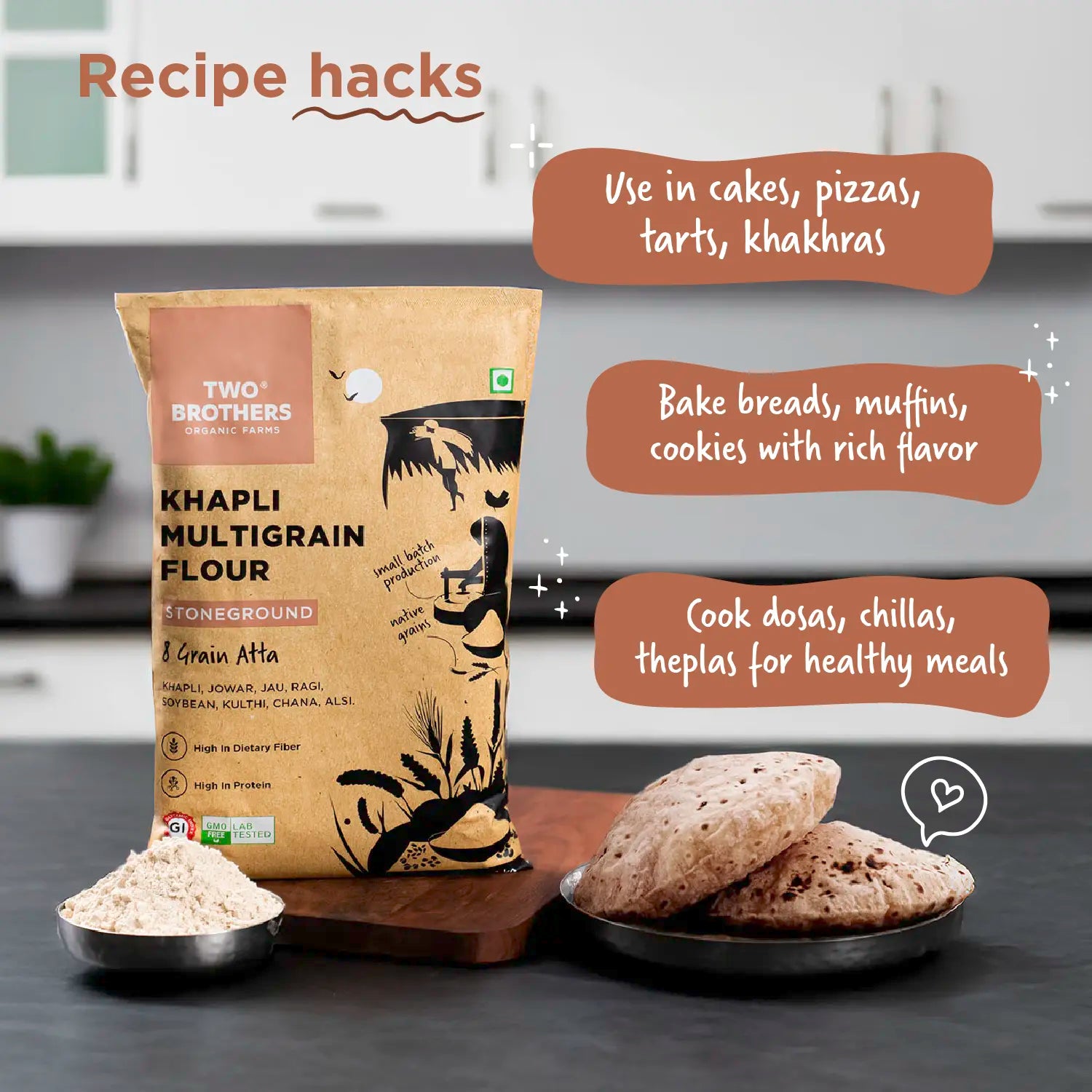 Khapli Flour | Khapli Multigrain Atta - 8 Grain Atta - Stoneground - High In Fiber And Protein  - Two Brothers – 1000gm