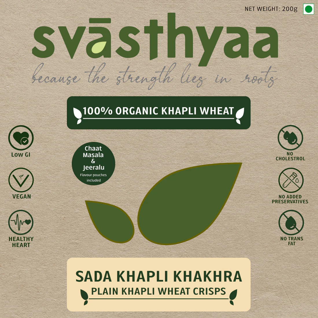 Khakhra | Khapli Wheat (Sada) - Roasted - Plain - Vegan, Gluten Free, Preservatives Free, No Added Sugar, High In Fibre, Low Gi &amp;amp; No Maida - Svasthyaa - 200gm