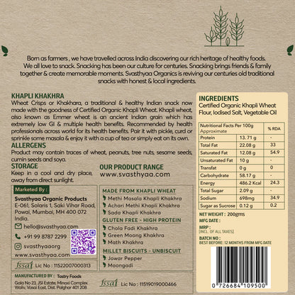 Khakhra | Khapli Wheat (Sada) - Roasted - Plain - Vegan, Gluten Free, Preservatives Free, No Added Sugar, High In Fibre, Low Gi &amp;amp; No Maida - Svasthyaa - 200gm