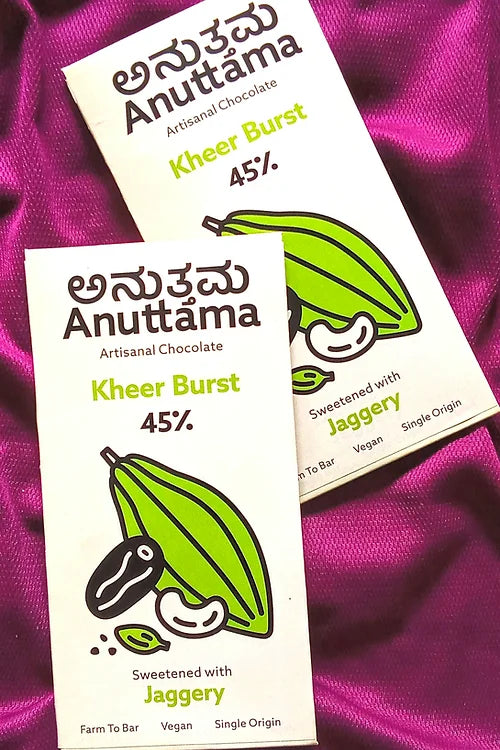 Chocolate | Kheer Burst (Sweetened With Jaggery Dates) - 45% Cocoa - Farm To Bar - Single Origin - Vegan - Anuttama Artisanal Chocolate – 50gm