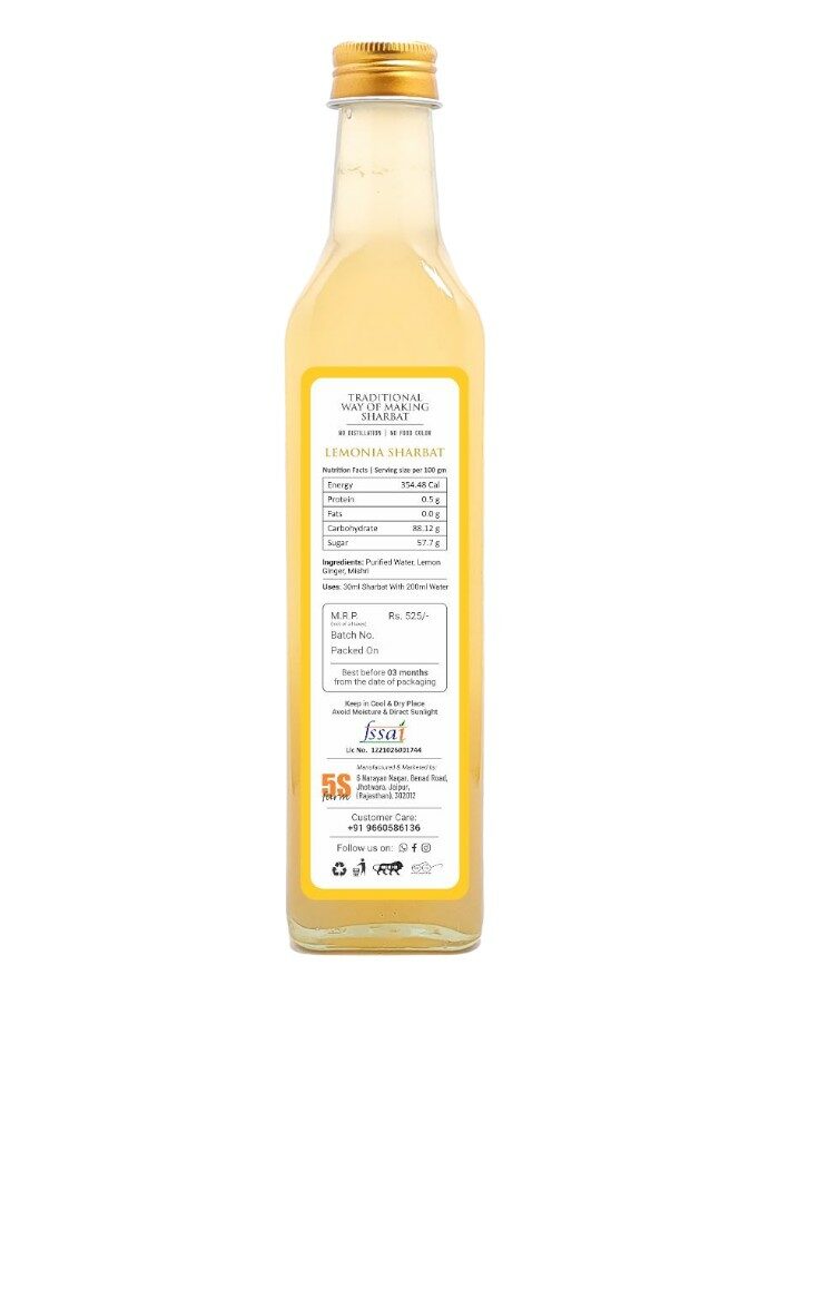 Sharbat | Lemonia – Taste Of Rajputana – No Added Artificial Colors, Distillation &amp;amp; No Added Preservatives – 5S Farm – 700ml
