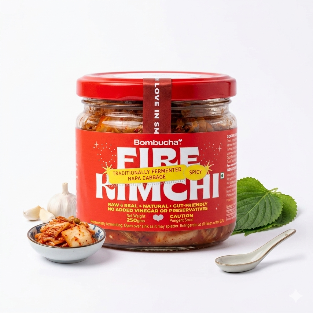 Kimchi | Fire Kimchi  - Traditionally Fermented Napa Cabbage (Made With Bhut Jolokia) - Medium Spicy - Raw - Real - Natural - No Added Vinegar &amp; Preservatives Free - Bombucha - 250gm