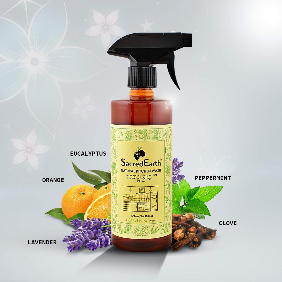 Kitchen Cleaner | (Made From Orange, Lemon, Clove, Eucalyptus And Peppermint) - Natural - Biodegradable, Chemical Free &amp; Non Toxic - Sacred Earth - 500ml