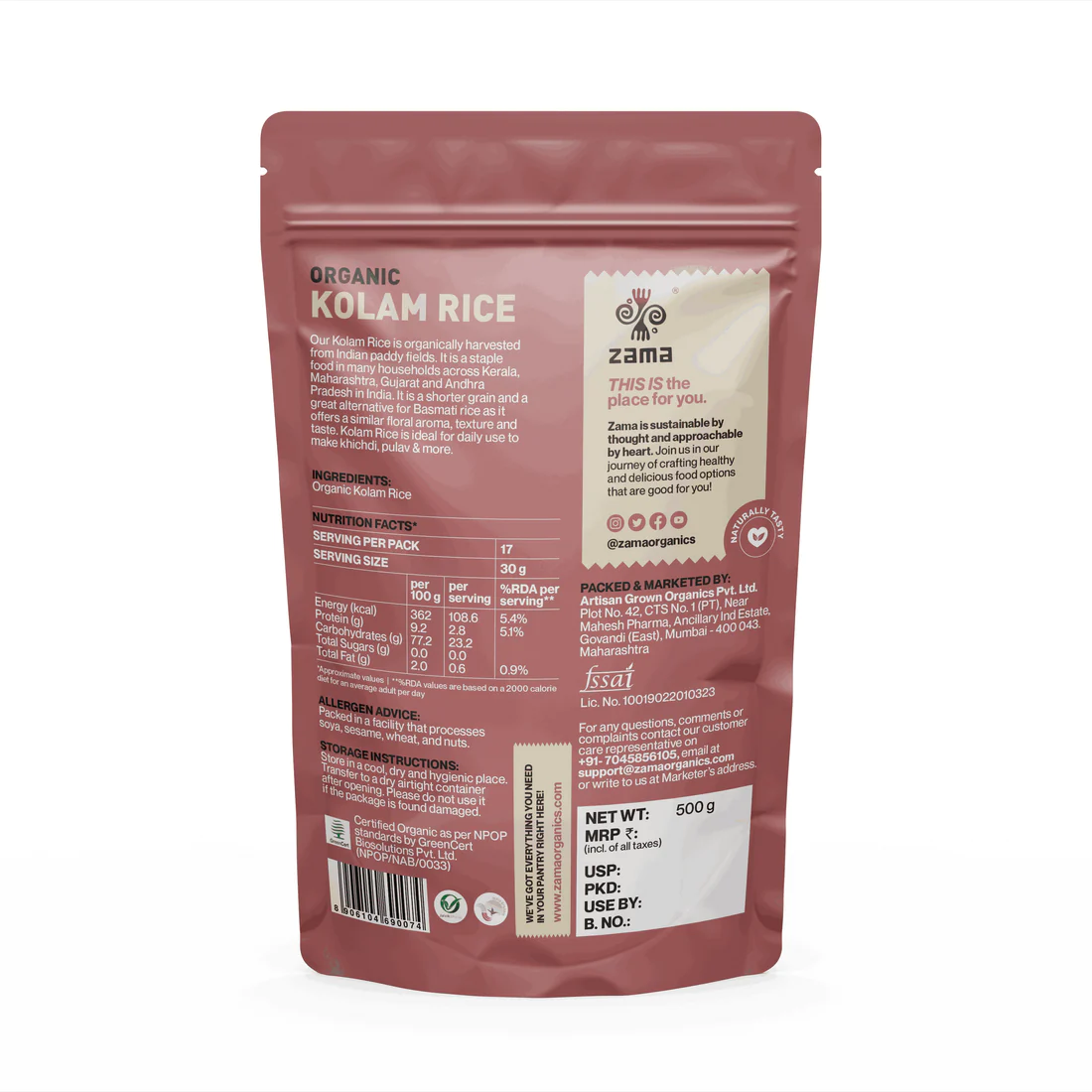 Rice | Kolam Rice – Zama Organics – 1000gm