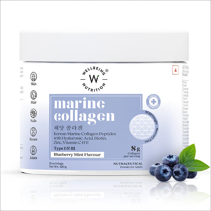 Collagen | Marine Collagen (Blueberry Mint Flavour) - Gluten Free, Sugar Free & Keto Friendly – Wellbeing Nutrition - 120gm