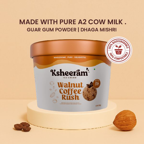 Ice Cream | Walnut Coffee Rush Ice Cream - Aromatic Coffee Swirls Meet Crunchy Walnuts- Sweetened with Dhaga Mishri -Prepared With A2 Cow Milk- Zero Preservatives, No Refined Sugar &amp;  Zero Added Colour and Artificial - Ksheeram Ice Cream – 200 gms