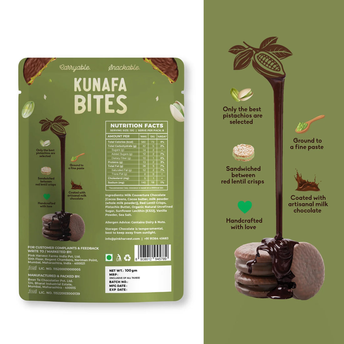 Kunafa Bites | Pure Chocolate - Gluten Free &amp; No Refined Sugar - Pink Harvest - 100gm