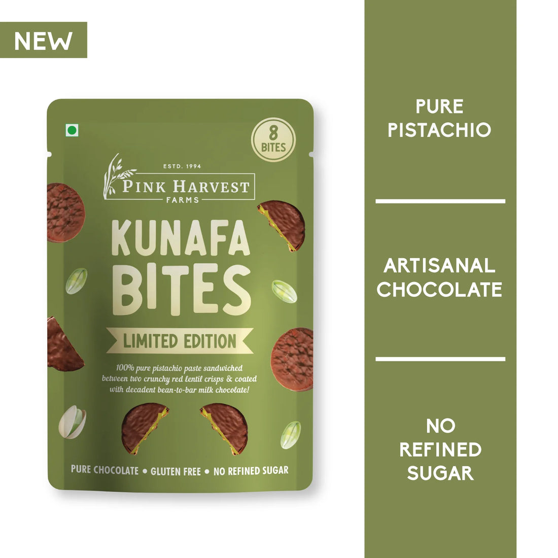 Kunafa Bites | Pure Chocolate - Gluten Free &amp; No Refined Sugar - Pink Harvest - 100gm