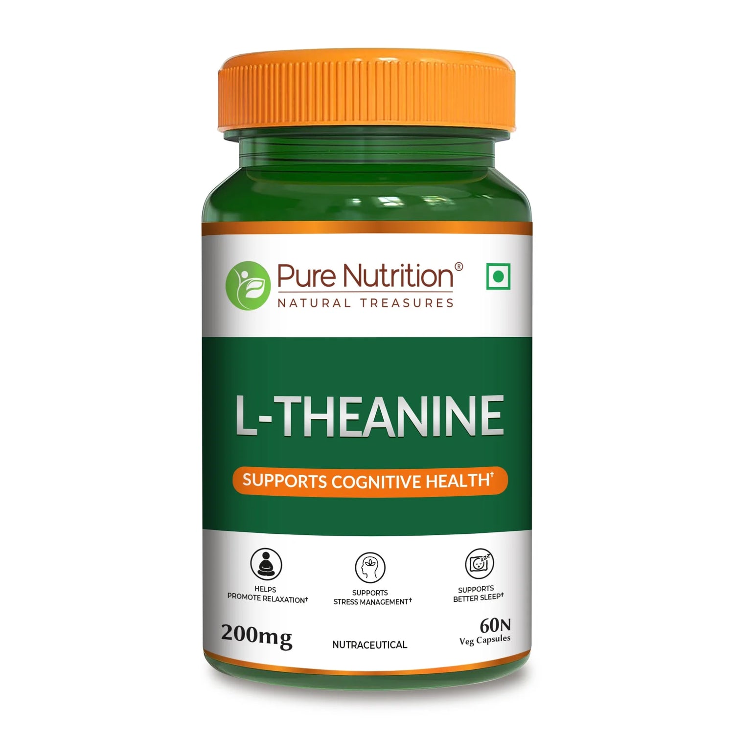 L-Theanine 200mg (Supports Cognitive Health) -Supports Stress Management, Support Better Sleep, - Pure Nutrition - 60N Veg Capsules