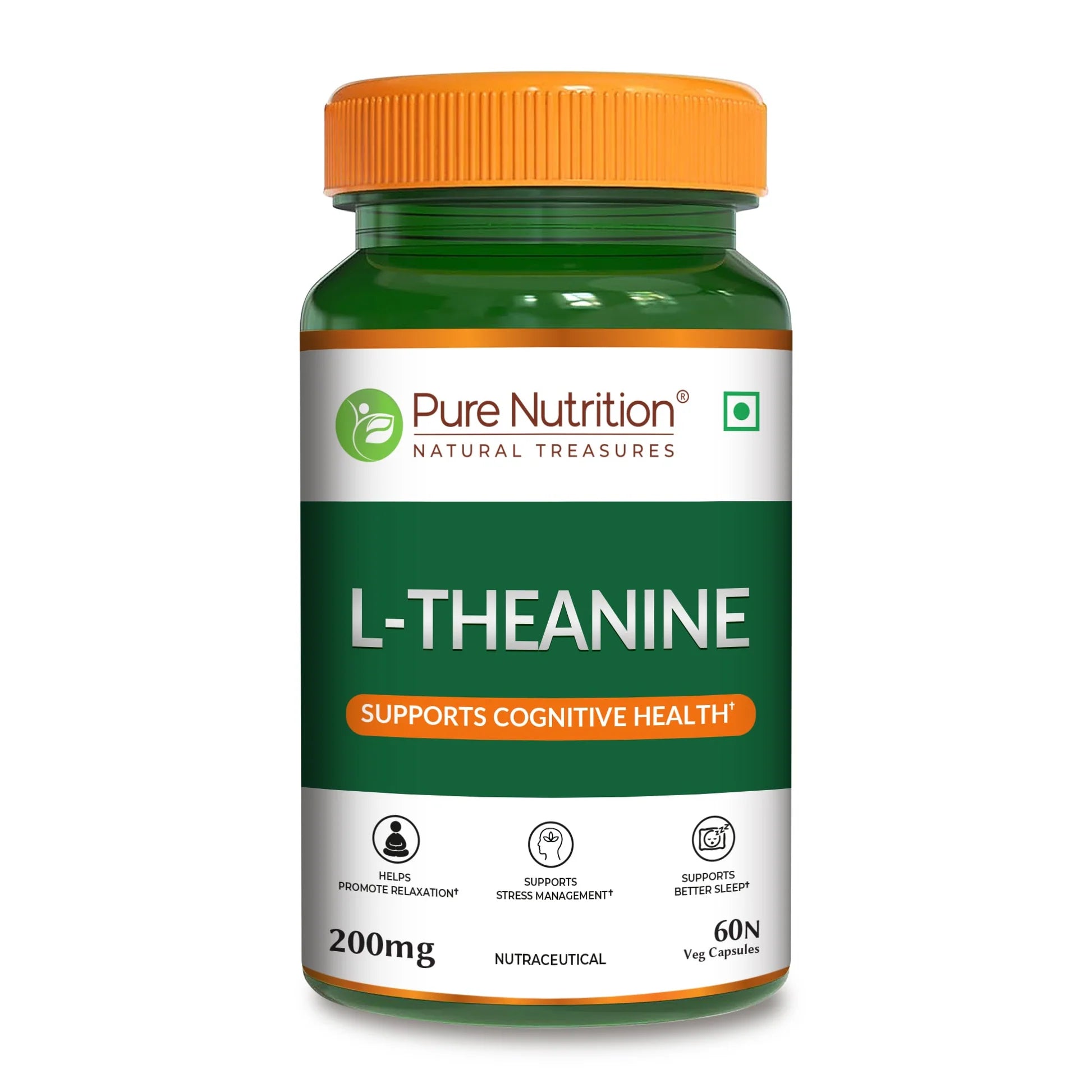 L-Theanine 200mg (Supports Cognitive Health) -Supports Stress Management, Support Better Sleep, - Pure Nutrition - 60N Veg Capsules