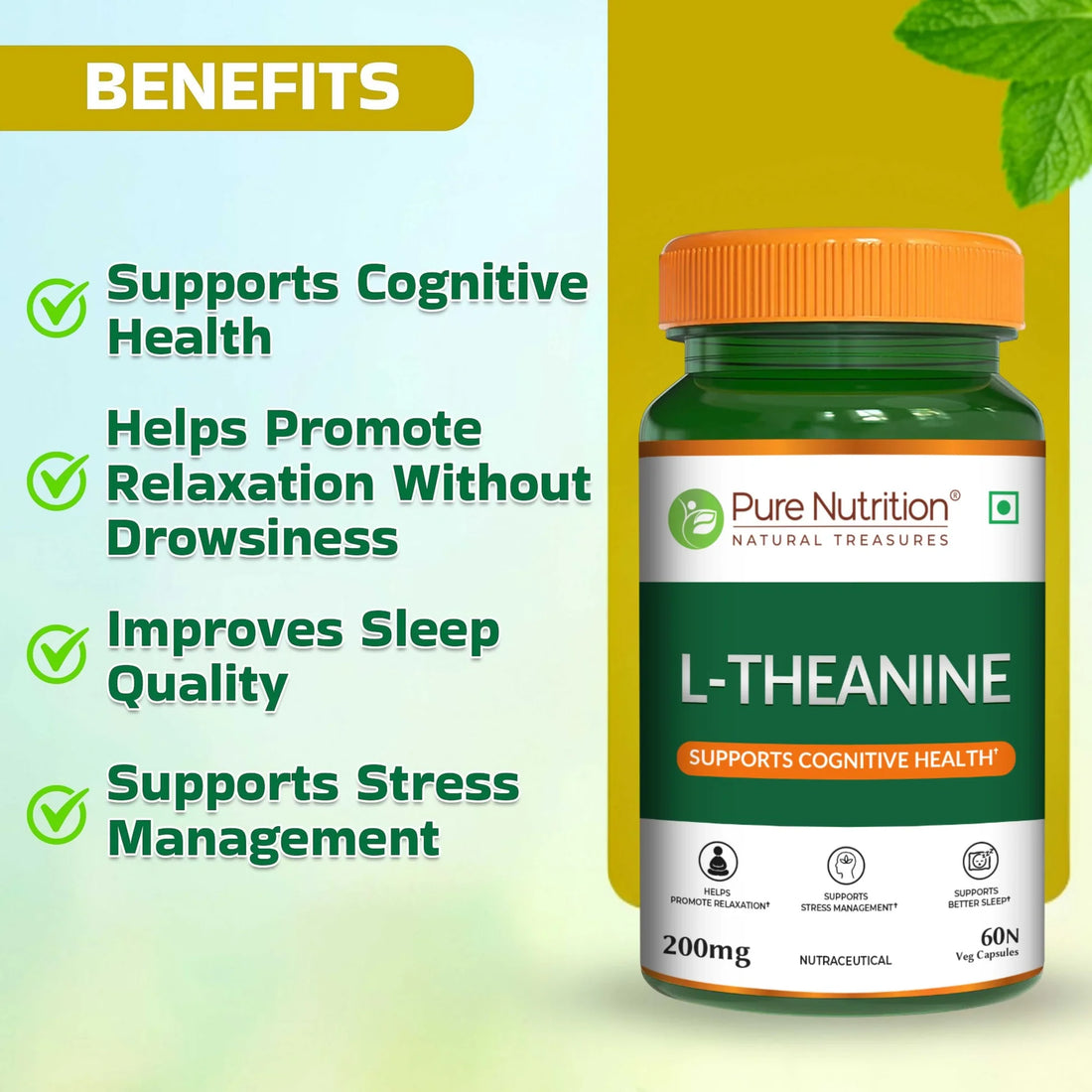 L-Theanine 200mg (Supports Cognitive Health) -Supports Stress Management, Support Better Sleep, - Pure Nutrition - 60N Veg Capsules