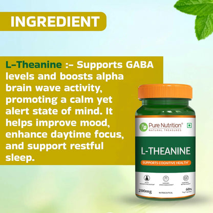 L-Theanine 200mg (Supports Cognitive Health) -Supports Stress Management, Support Better Sleep, - Pure Nutrition - 60N Veg Capsules