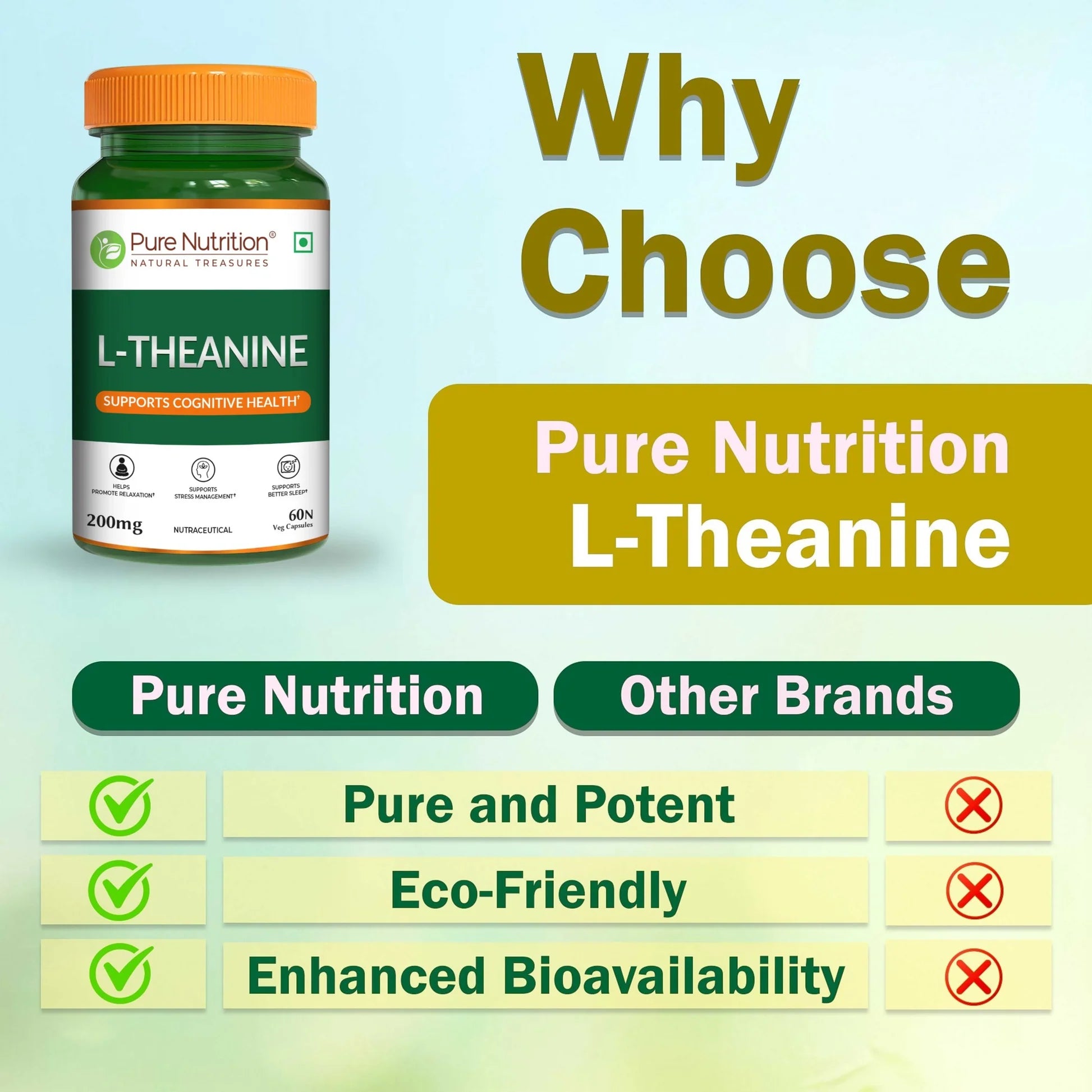 L-Theanine 200mg (Supports Cognitive Health) -Supports Stress Management, Support Better Sleep, - Pure Nutrition - 60N Veg Capsules