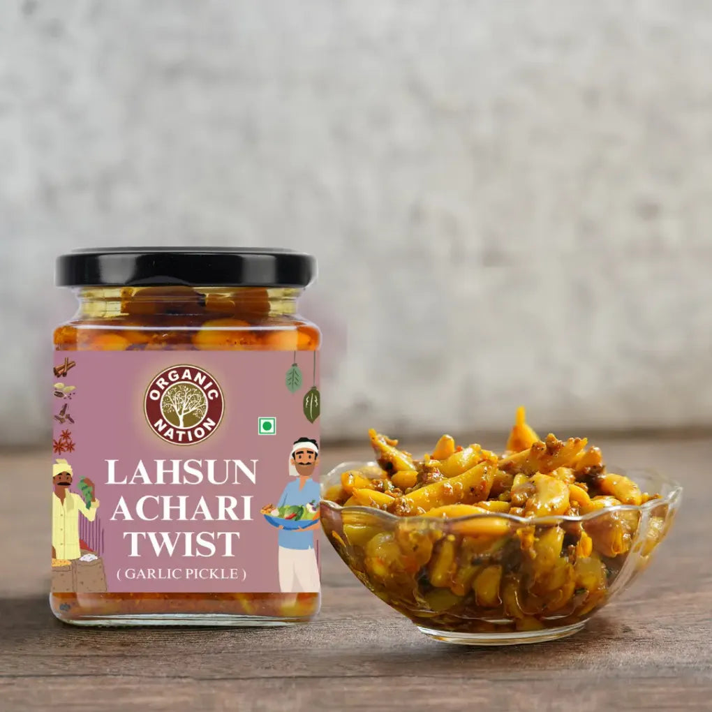 Pickle | Lahsun Achari Twist (Garlic Pickle) - 100% Homemade - No Added Preservatives - Organic Nation - 250gm