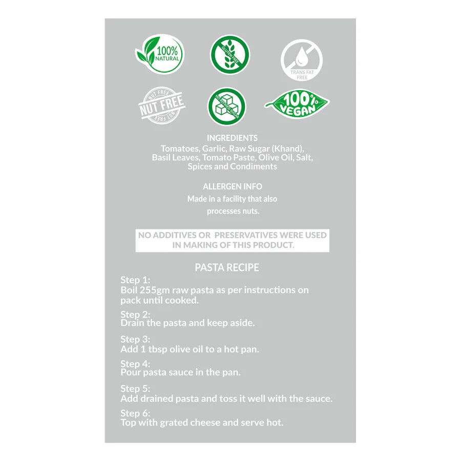 Basil Pasta Sauce – Vegan, Gluten Free, Refined Sugar Free, Nut Free &amp;amp; Zero Trans Fat - The Gourmet Jar – 390gm