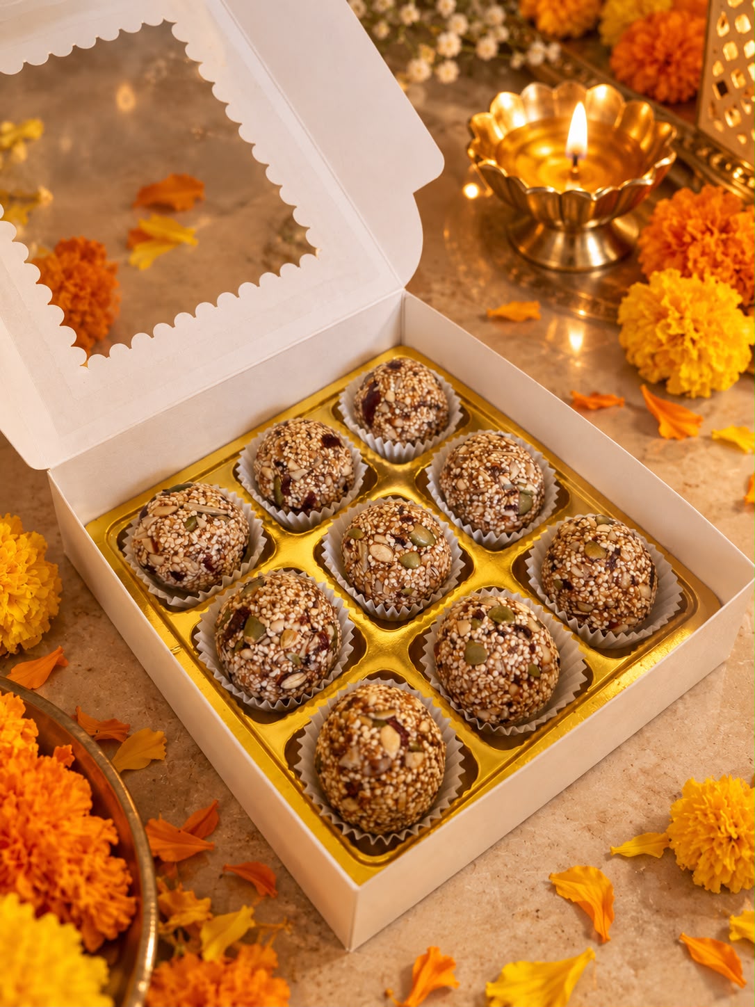 Ladoos | Date & Seeds Amaranth Ladoos - Navratri Special - Vegan & Gluten Free, Grain free-Sugar free Sweetened Only with Dates - No Preservatives, or Artificial Ingredients - 200gm (Box of 9 Ladoos)