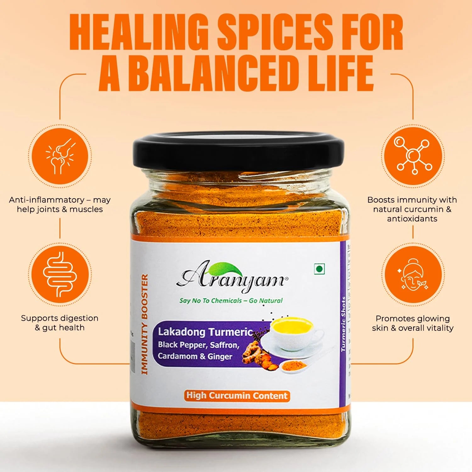 Lakadong Turmeric | Lakadong Turmeric Mix with Black Pepper, Saffron, Cardamom &amp; Ginger - No Artificial Colors, Additives &amp; No Added Preservatives - Aranyam - 100gm
