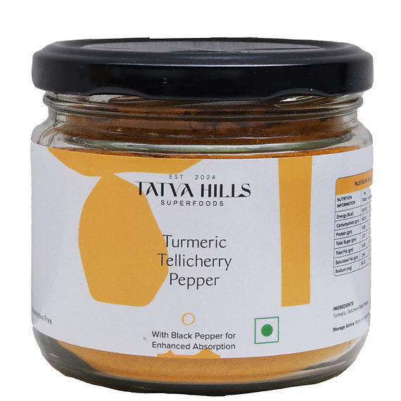 Turmeric Powder | Lakadong Turmeric Tellicherry Pepper (With Black Pepper For Enhanced Absorption) – No Added Preservatives & Additives Free – Tatva Hills – 150gm