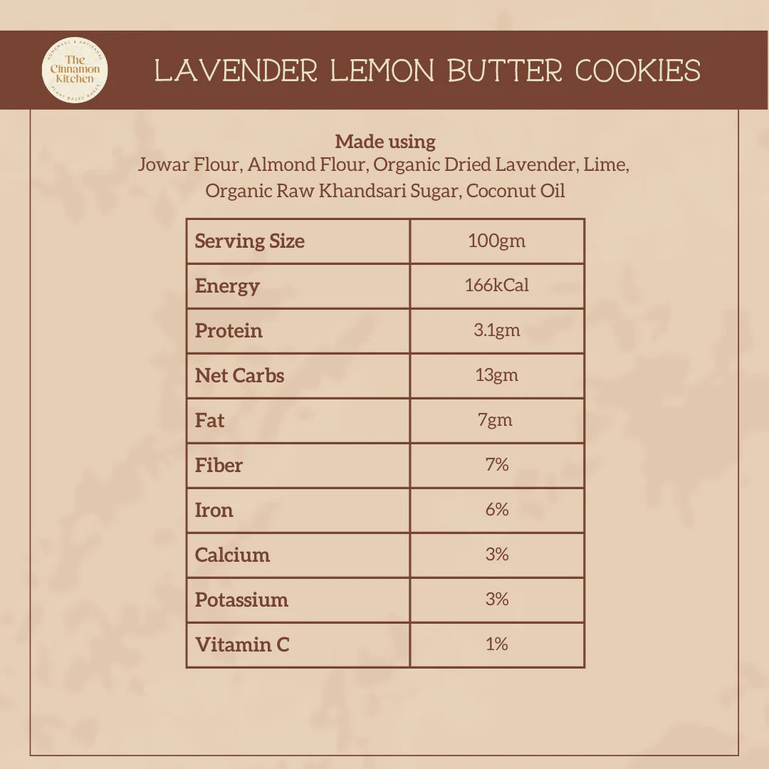 Cookies | Lavender Lemon Butter Cookies (Made With Millets) - Almond - Jowar - Lavander - Lemon - Organic - Vegan, Gluten Free, Refined Sugar Free, No Preservatives &amp;amp; Pcos Friendly - The Cinnamon Kitchen - 220gm