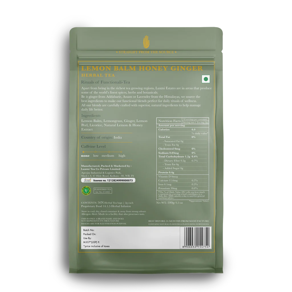 Tea | Lemon Balm Honey Ginger – Herbal Tea – Warm, Spicy And Mildly Sweet - Organic – Caffeine Free - Luxmi Estates – 50 Tea Bag