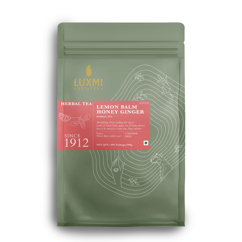 Tea | Lemon Balm Honey Ginger – Herbal Tea – Warm, Spicy And Mildly Sweet - Organic – Caffeine Free - Luxmi Estates – 50 Tea Bag