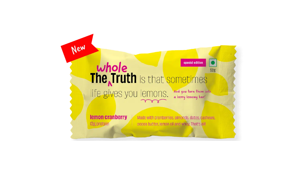 Lemon Cranberry 13g Protein Bar – No Added Sugar &amp;amp; Soy Free - The Whole Truth – 52gm