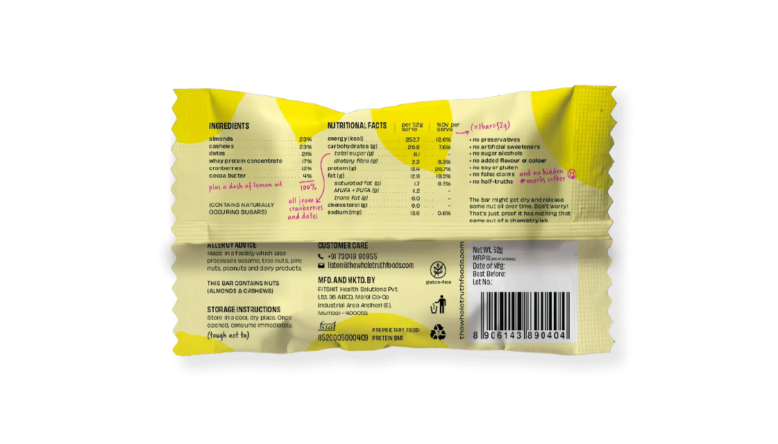 Lemon Cranberry 13g Protein Bar – No Added Sugar &amp;amp; Soy Free - The Whole Truth – 52gm