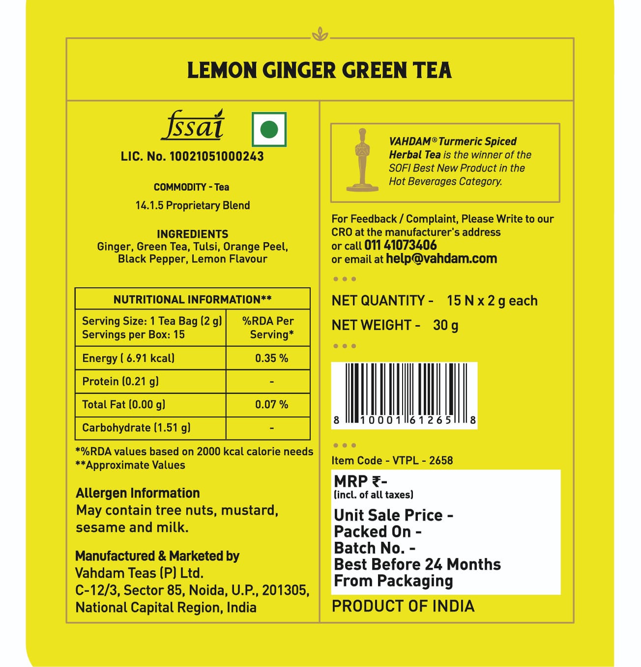 Lemon Ginger Green Tea - Vahdam - 15Tea Bags