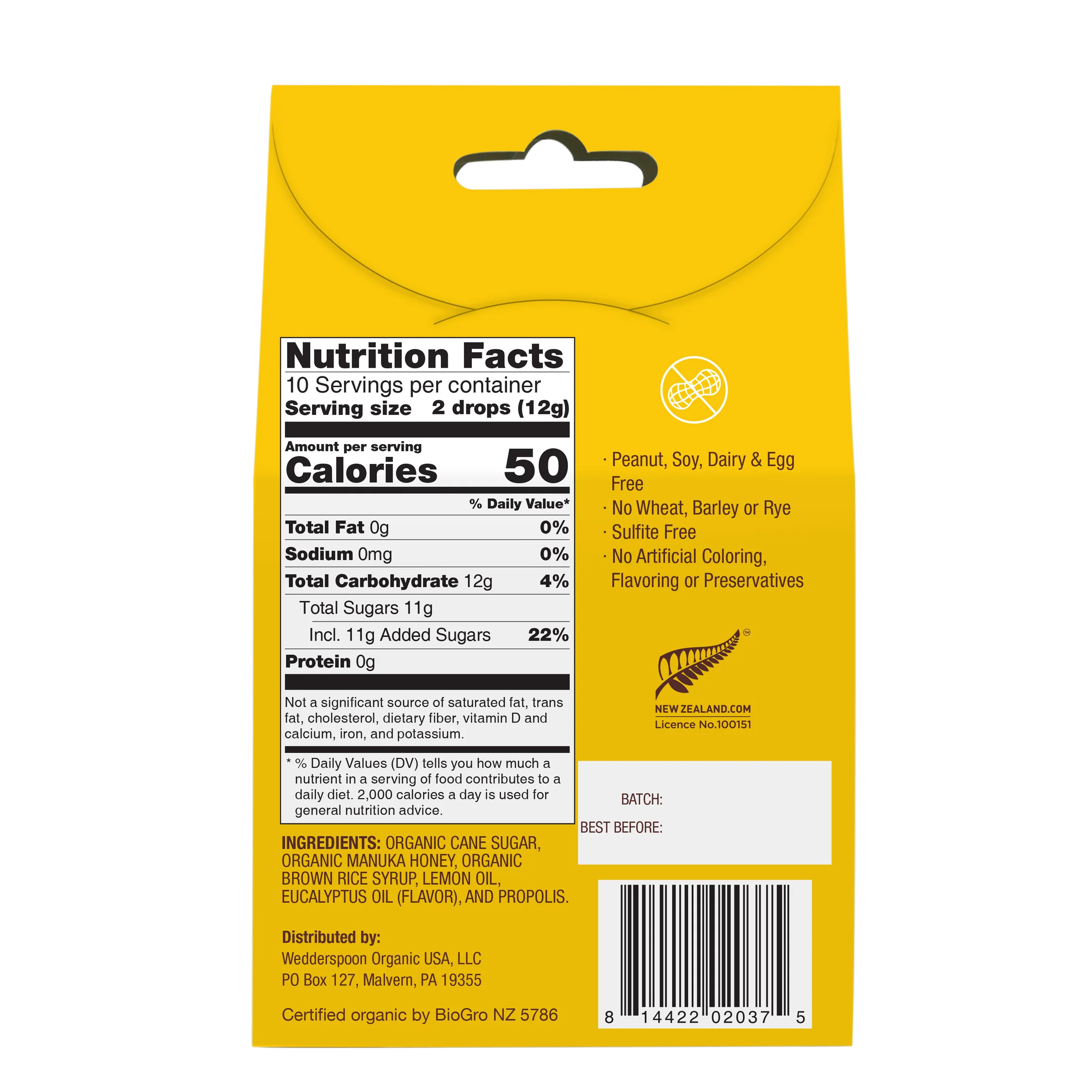 Manuka Honey Drops With Bee Propolis - Lemon- USDA Organic - Wedderspoon - 20 Drops (120gm)