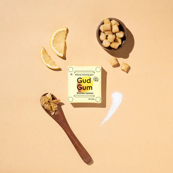 Lemon Chewing Gum - Sour, Sweet - 15 Pieces Per Pack - Natural - Indian - Vegan, Sugar Free & Plastic Free - Gud Gum - 21gm