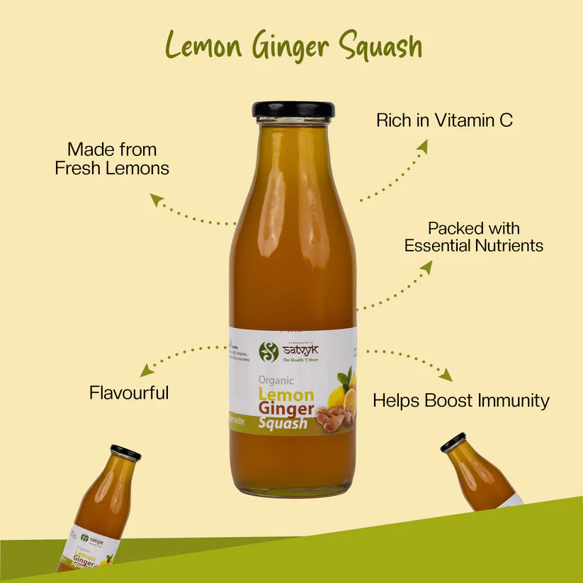 Squash |  Lemon Ginger Squash (Made With Fresh Lemon) - Packed With Essential Nutrients - Natural - Vegan, Gluten Free, Non GMO, High In Vitamin C & Boosts Immunity - Satvyk - 500ml