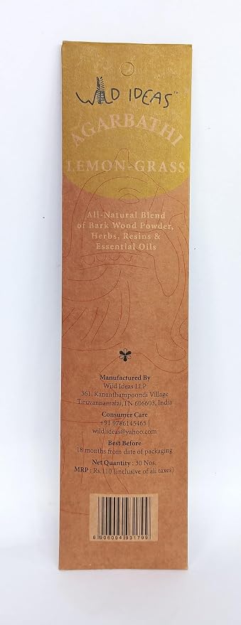 Lemongrass Agarbathi - Incense Stick with Essential Oil-All Natural Blend of Bark Wood Powder  – Wild Ideas –  30 Sticks Pack