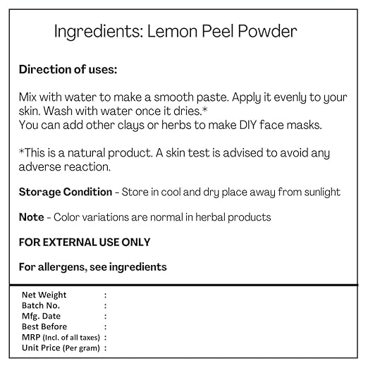 Lemon Peel Powder (Orange)- Citrus Limonum - 100% Natural - H&amp;C - 100gm