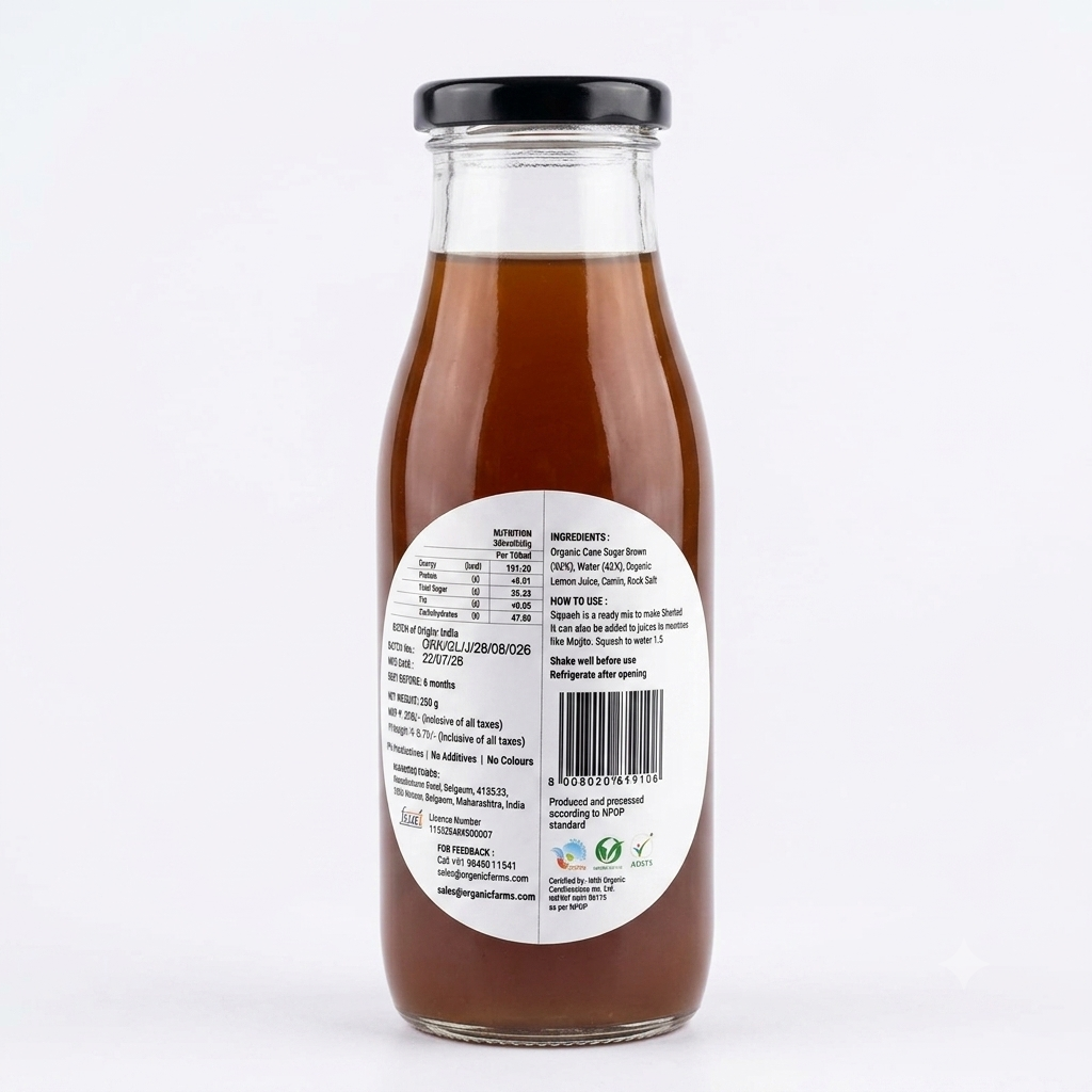 Squash | Lemon Squash - Organic - Chemical Free, No Added Sweeteners, Preservatives, Synthetic Colours &amp; Essence - My Organic Earth - 350ml