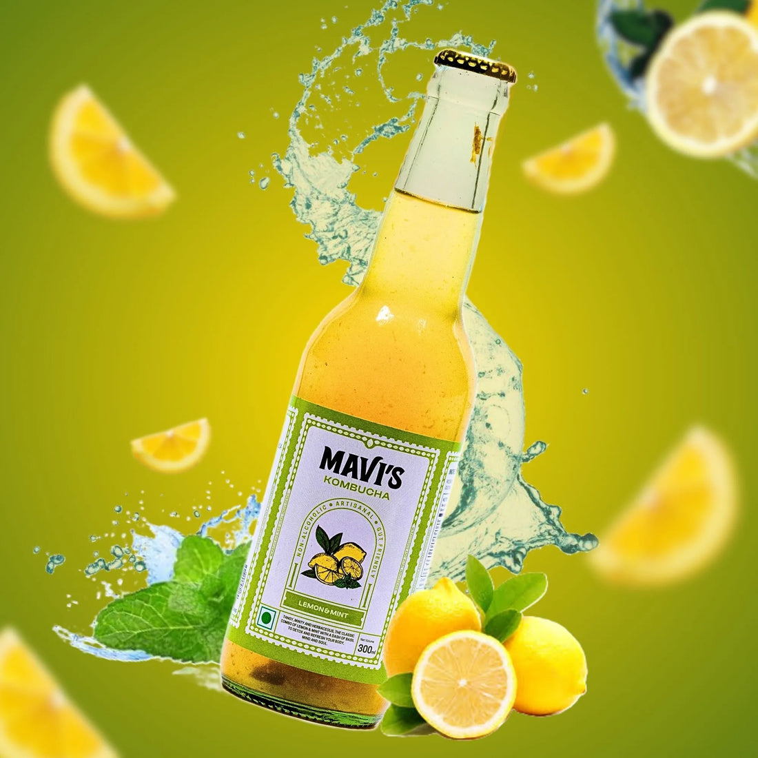 Kombucha | Lemon mint kombucha - Raw &amp; Unpasteurized - Non Alcoholic - No Added Flavours &amp; No Preservatives - MAVI’s - 300ml