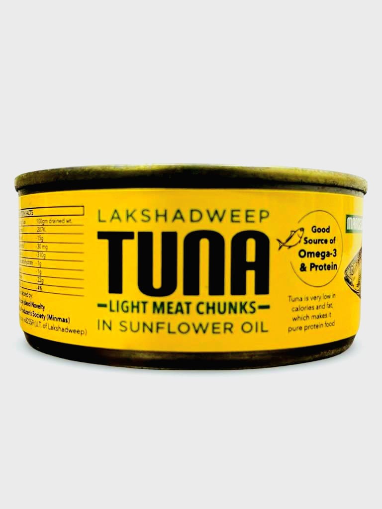 Lakshadweep Tuna | Light Meat Chunks In Sunflower Oil - Good Source Of Omega-3 And Protein, No Added Artificial Colours & No Added Preservatives - Marcela - 185gm