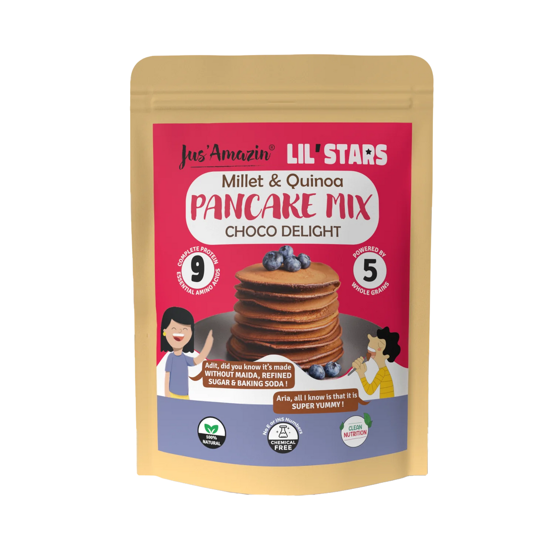 Pancake Mix | Millet &amp;amp; Quinoa - Choco Delight - Natural - Gluten Free, No Maida, Refined Sugar Free &amp;amp; No Added Baking Soda - Jus’ Amazin - 250gm