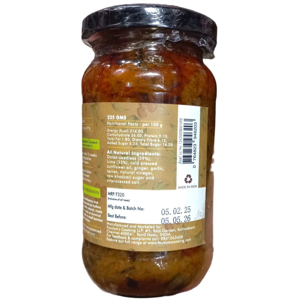Pickle | Lime &amp; Date Pickle - 100% From Natural Ingredients - No Added Preservatives - Fouziya Cooking - 225gm