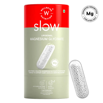 Slow | Liposomal Magnesium Glycinate  (Chelated) - Bioavailable, Preservatives Binders &amp; No Dyes - Wellbeing Nutrition - 60 Capsules