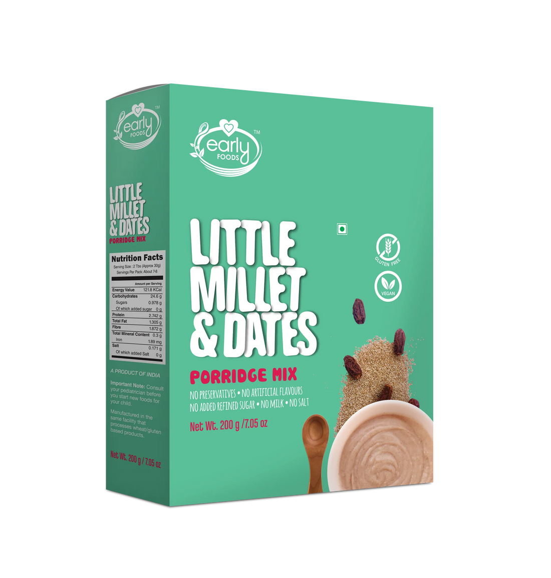 Little Millet &amp;amp; Dates | Porridge Mix - Vegan, Gluten Free, No Added Sugar, No Preservatives, Colors Or Artificial Flavours - Early Food - 200gm