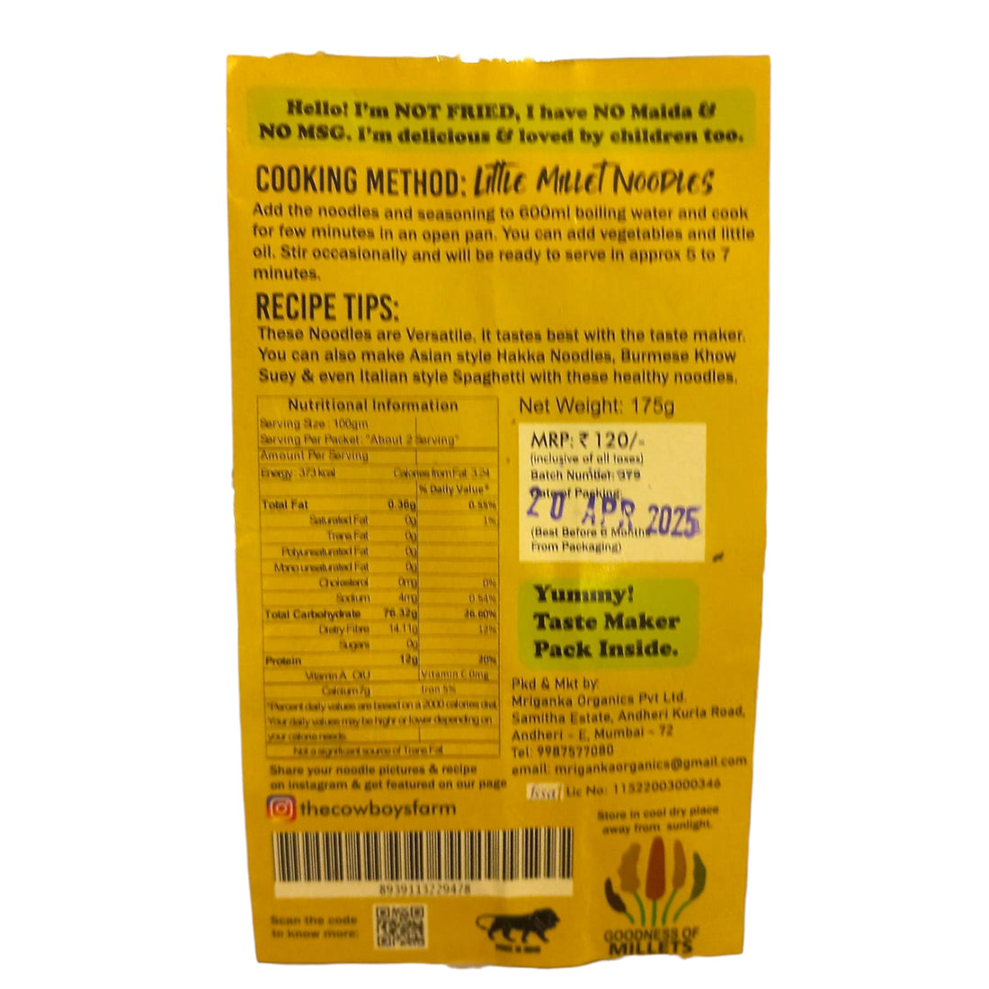 Noodles | Little Millet Noodles - High Protein, No Msg &amp; Preservatives Free – The Cow Boys Farm - 175gm