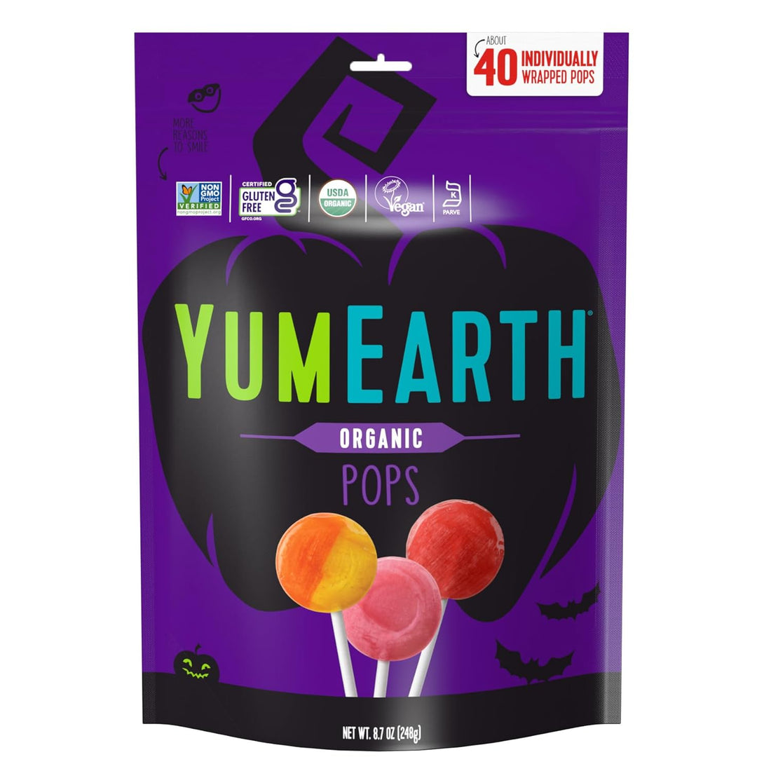Lollipops | Pops - Halloween - USDA Organic - Vegan, Gluten Free, Non GMO &amp; No High Fructose Corn Syrup Or No Artificial Dyes - Yum Earth - 248gm