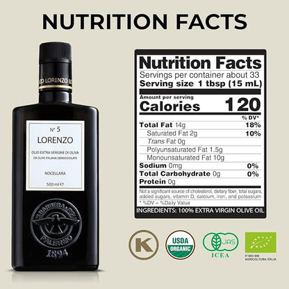 Lorenzo N° 5 - Soft Nocellara del Belice Olive Flavor - Extra Virgin Olive Oil (Italy)-Cold Extracted Authentic Sicilian Olive Oil  –Barbera – 500ml