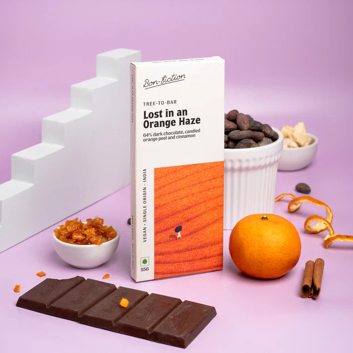 Dark Chocolate | Lost In An Orange Haze - 64% Dark Orange Cinnamon Chocolate - Tree To Bar – Single Origin – 100% Natural – Vegan, Gluten Free, Palm Oil Free, Non GMO, No Artificial Flavour &amp; No Added Preservatives - Vegan – Bon-Fiction – 55gm