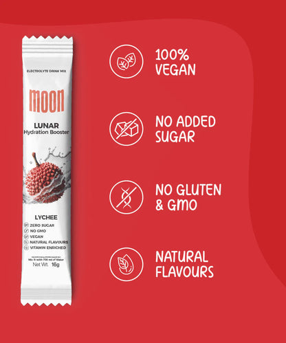 Electrolyte Drink | Lunar Hydration Booster - Lychee Flavour - Vegan, Gluten Free, Non GMO &amp; No Added Sugar - Moon - (6x16g Strips) - 96gm