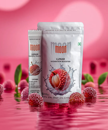 Electrolyte Drink | Lunar Hydration Booster - Lychee Flavour - Vegan, Gluten Free, Non GMO &amp; No Added Sugar - Moon - (6x16g Strips) - 96gm