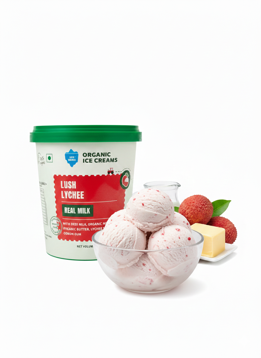 Ice Cream | Lush Lychee Ice Cream (Made From Real Milk, Gondh Gum, Organic Butter, Sitaphal ) - Churned with authentic &amp; Real Ingredients - Iceberg Organic Ice Cream - 750ml